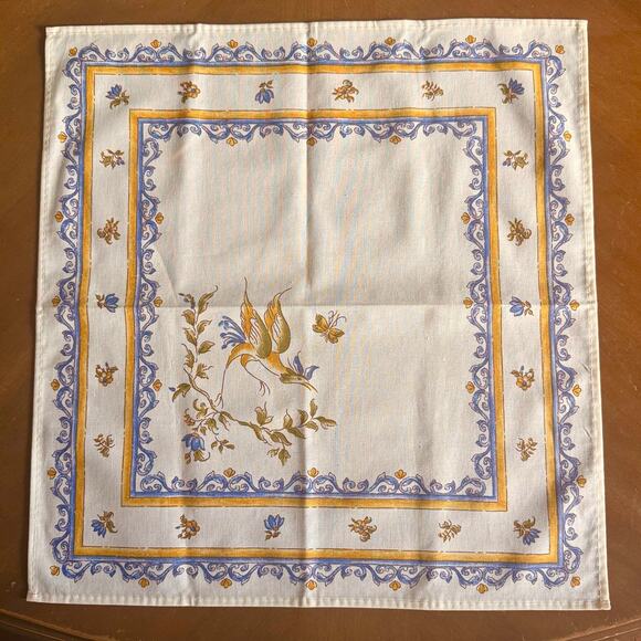 French Provence Cotton Napkins Set of 4 Moustier Bird Butterfly Cream Blue EUC - Picture 2 of 8